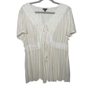 Torrid Babydoll Crinkle Gauze Crochet Inset Lace- Up Top Striped Taupe Size 0